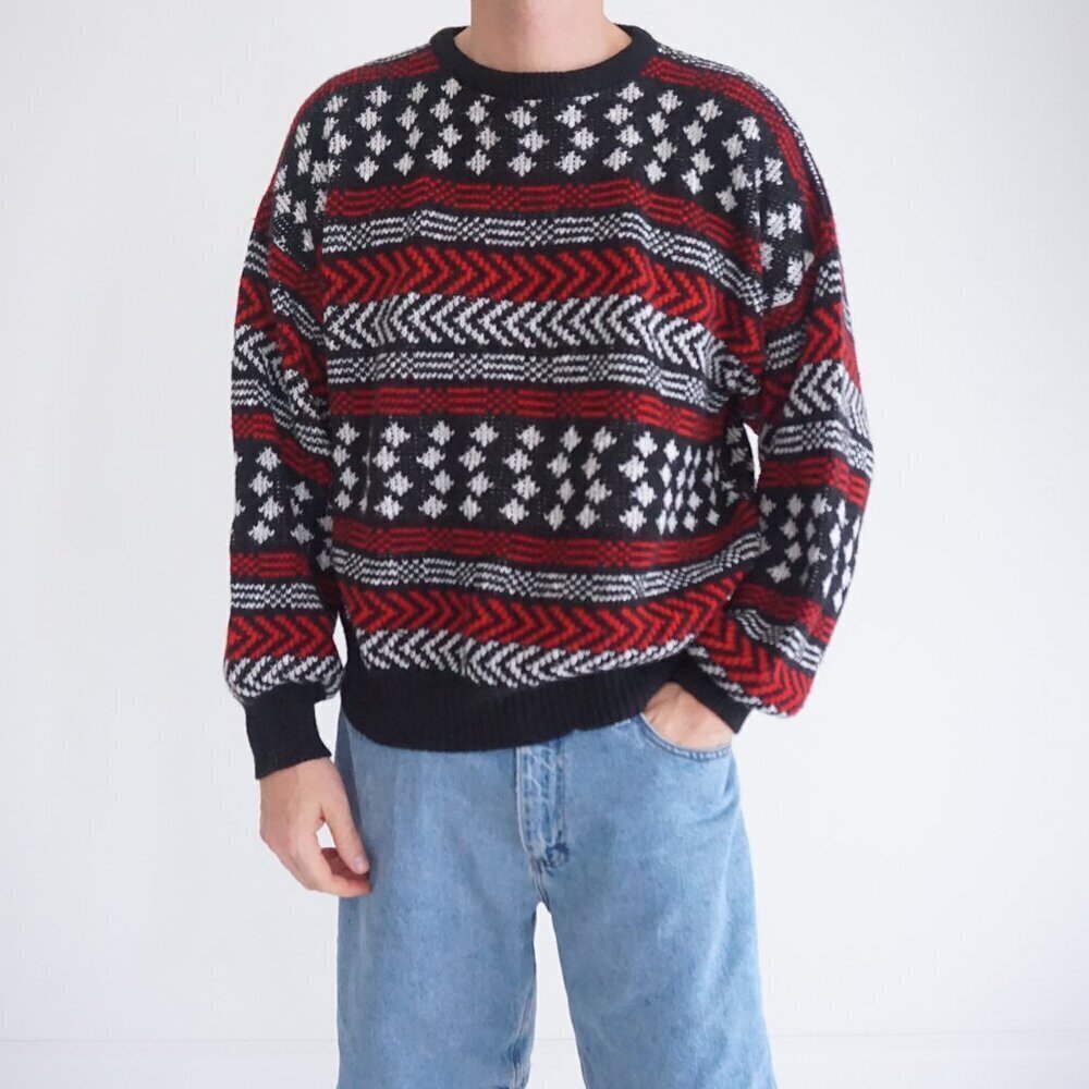 Vintage Black Red Biggie Cosby Eclectic Grandpa Knit Crewneck Sweater XL